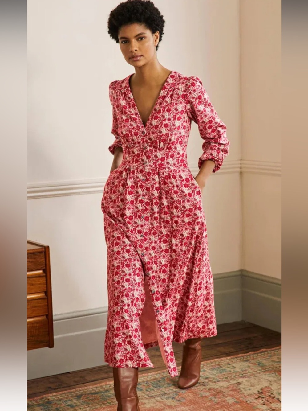 Boden Button Through red and pink floral prairie Maxi Tea Dress size 12 - Picture 2 of 15